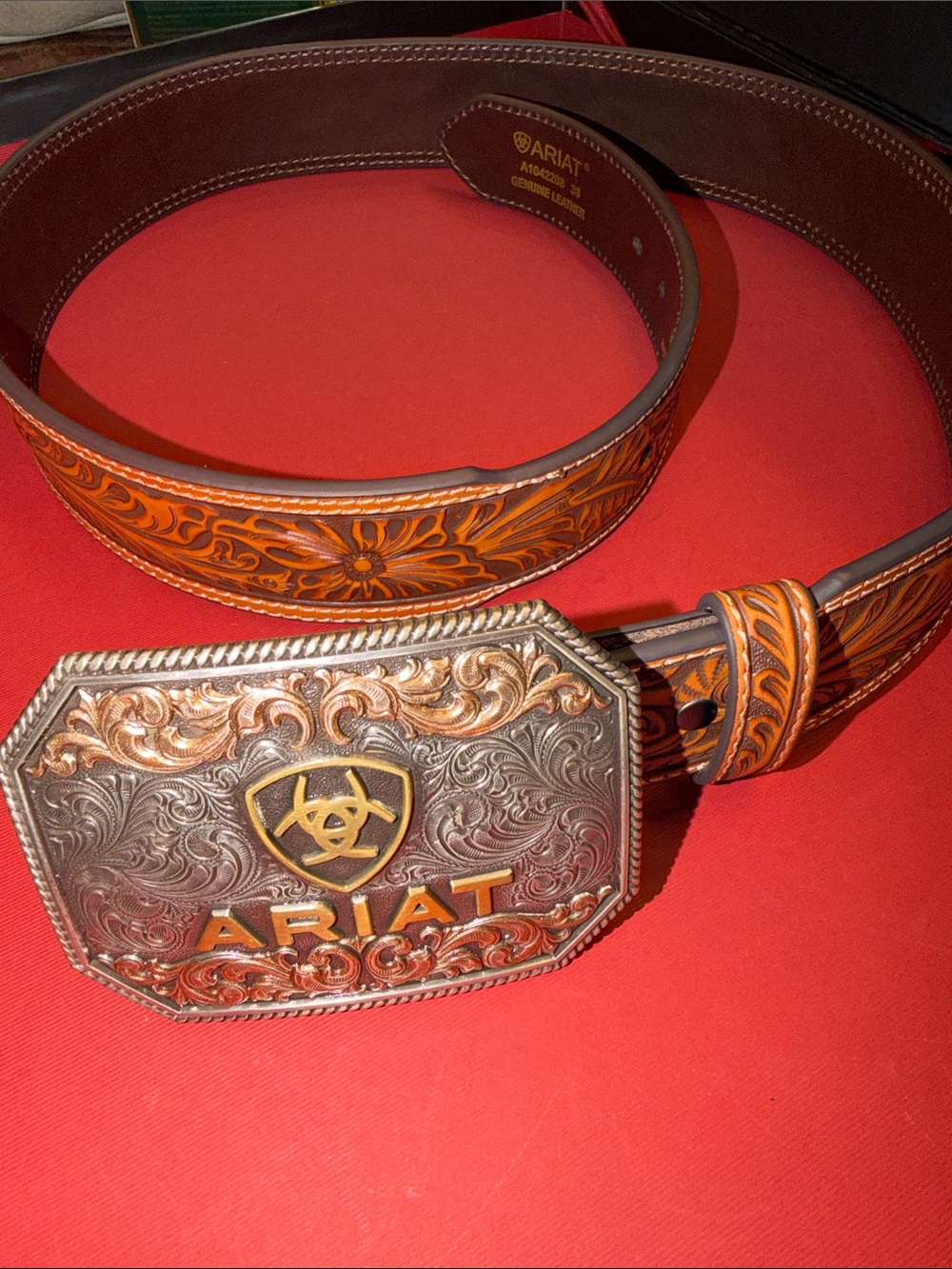 NWOT Ariat Brown Tooled Genuine Leather Belt with Silver & Gold Western Buckle - Picture 5 of 12